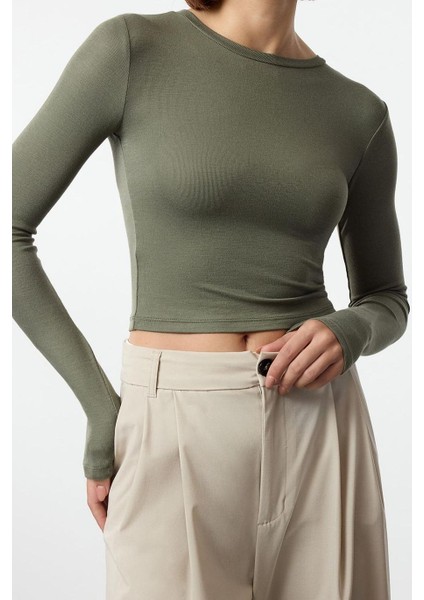 Kadın Moda Şık Üst Giyim Crop Bisiklet Yaka Slim Kalıp Örme Viskon Esnek Bluz modelleri