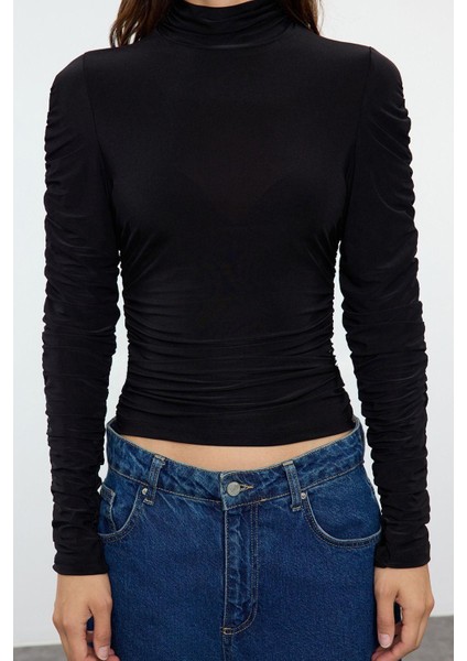 Kadın Moda Şık Regular Balıkçı Yaka Fitted Kalıp Örme Büzgü Drape Detaylı Vücuda Oturan Bluz