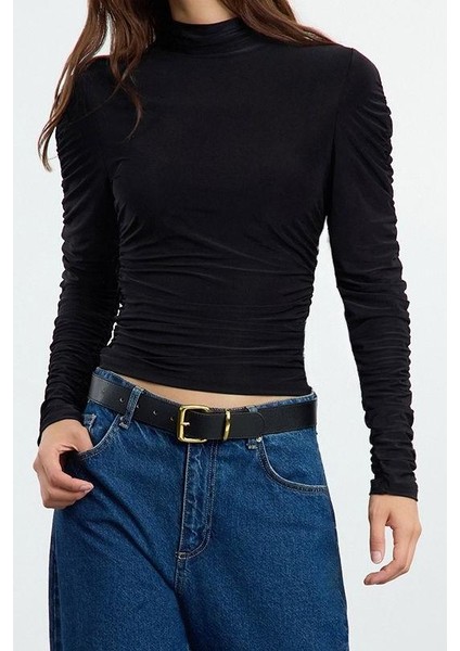 Kadın Moda Şık Regular Balıkçı Yaka Fitted Kalıp Örme Büzgü Drape Detaylı Vücuda Oturan Bluz