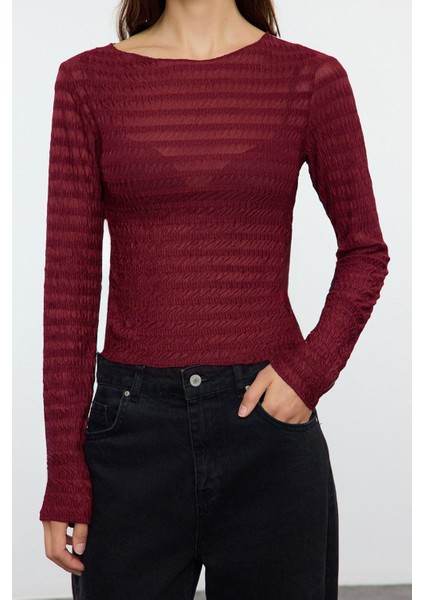 Kadın Moda Şık Regular Bisiklet Yaka Slim Kalıp Örme Fitted Vücuda Oturan Dokulu Tül Esnek Bluz