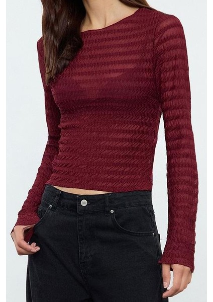 Kadın Moda Şık Regular Bisiklet Yaka Slim Kalıp Örme Fitted Vücuda Oturan Dokulu Tül Esnek Bluz fiyatları