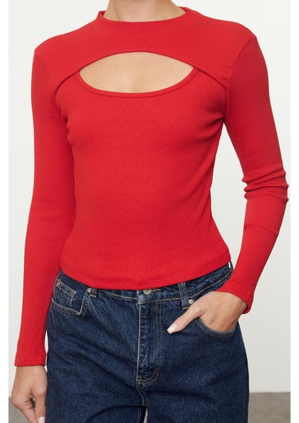 Kadın Moda Şık Crop Bisiklet Yaka Slim Kalıp Örme Cut Out Pencere Detaylı Fitilli Esnek Bluz
