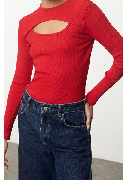 Kadın Moda Şık Crop Bisiklet Yaka Slim Kalıp Örme Cut Out Pencere Detaylı Fitilli Esnek Bluz fiyatları