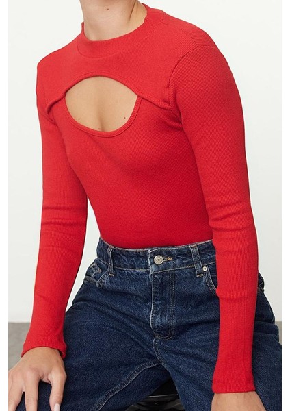 Kadın Moda Şık Crop Bisiklet Yaka Slim Kalıp Örme Cut Out Pencere Detaylı Fitilli Esnek Bluz modelleri