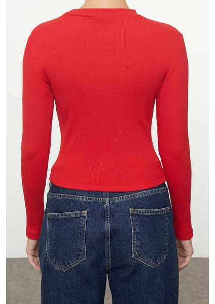 Kadın Moda Şık Crop Bisiklet Yaka Slim Kalıp Örme Cut Out Pencere Detaylı Fitilli Esnek Bluz indirimleri
