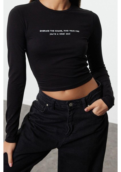 Stil Kadın Baskılı Vücuda Oturan Esnek Bluz Crop Örme Slim Kalıp