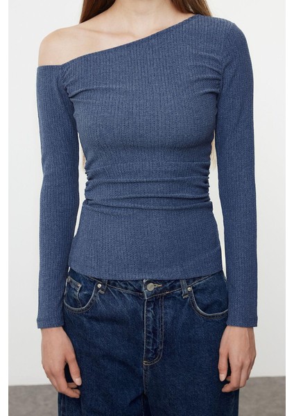 Stil Kadın Dokulu Asimetrik Büzgülü Vücuda Oturan Bluz Regular Örme Slim Kalıp modelleri