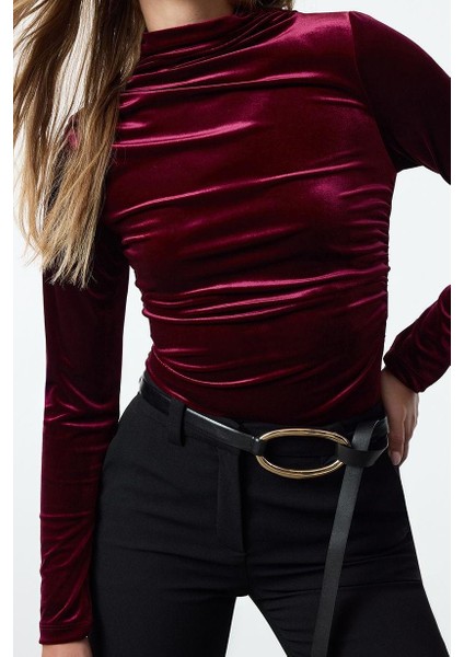 Stil Kadın Kadife Drapeli Fitted Vücuda Oturan Boy Bluz Regular Örme Slim Kalıp