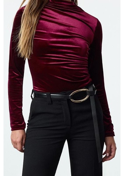 Stil Kadın Kadife Drapeli Fitted Vücuda Oturan Boy Bluz Regular Örme Slim Kalıp fiyatları