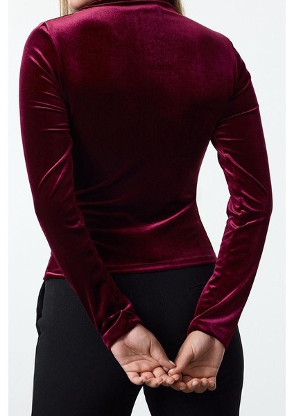 Stil Kadın Kadife Drapeli Fitted Vücuda Oturan Boy Bluz Regular Örme Slim Kalıp indirimleri
