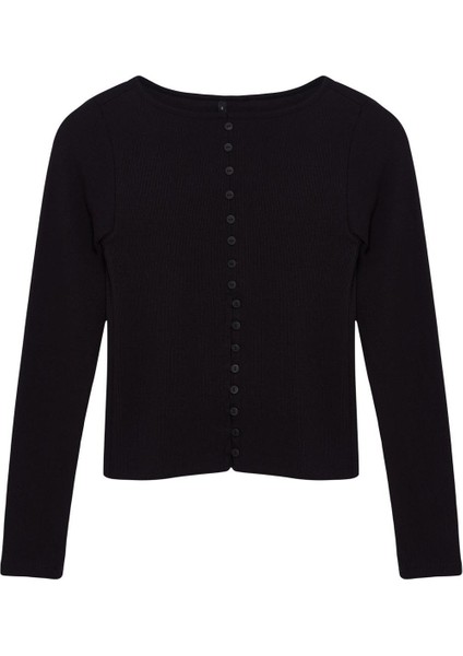 Kadın Moda Şık Regular Bisiklet Yaka Fitted Kalıp Örme Düğme Detaylı Fitilli Esnek Boy Bluz