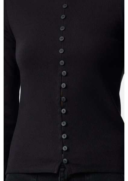 Kadın Moda Şık Regular Bisiklet Yaka Fitted Kalıp Örme Düğme Detaylı Fitilli Esnek Boy Bluz modelleri