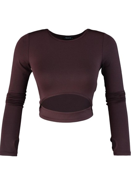 Kadın Crop Bisiklet Yaka Fitted Kalıp Örme Pencere Cut Out ve Baş Parmak Delik Detaylı Spor Üst Bluz