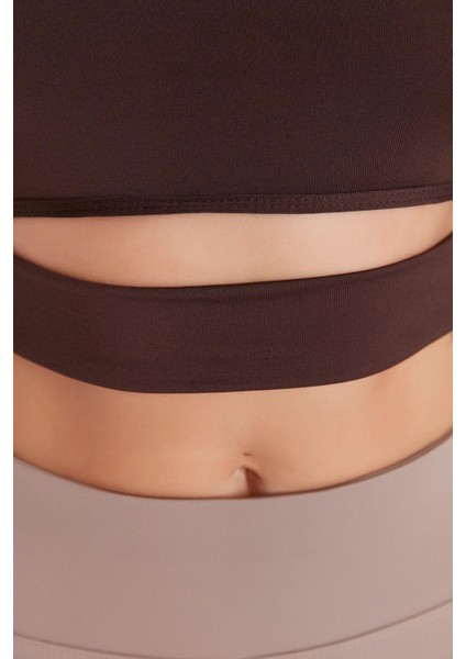 Kadın Crop Bisiklet Yaka Fitted Kalıp Örme Pencere Cut Out ve Baş Parmak Delik Detaylı Spor Üst Bluz indirimleri