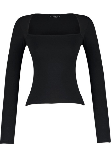 Kadın Moda Şık Crop Kare Yaka Slim Kalıp Örme Pamuklu Esnek Fitted Vücuda Oturan Esnek Bluz