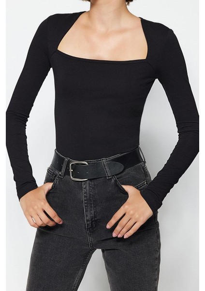 Kadın Moda Şık Crop Kare Yaka Slim Kalıp Örme Pamuklu Esnek Fitted Vücuda Oturan Esnek Bluz fiyatları