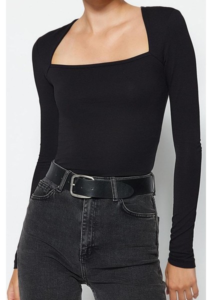 Kadın Moda Şık Crop Kare Yaka Slim Kalıp Örme Pamuklu Esnek Fitted Vücuda Oturan Esnek Bluz modelleri
