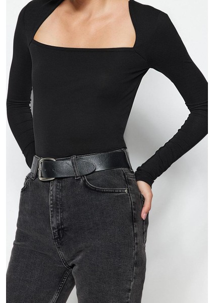 Kadın Moda Şık Crop Kare Yaka Slim Kalıp Örme Pamuklu Esnek Fitted Vücuda Oturan Esnek Bluz fırsatları