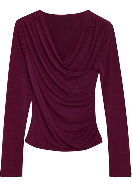 Kadın Regular Kruvaze Yaka Slim Kalıp Örme Büzgü Drape Detaylı Fitted Vücuda Oturan Kollu Esnek Bluz
