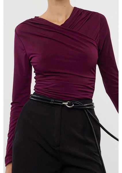 Kadın Regular Kruvaze Yaka Slim Kalıp Örme Büzgü Drape Detaylı Fitted Vücuda Oturan Kollu Esnek Bluz