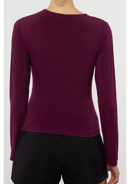 Kadın Regular Kruvaze Yaka Slim Kalıp Örme Büzgü Drape Detaylı Fitted Vücuda Oturan Kollu Esnek Bluz