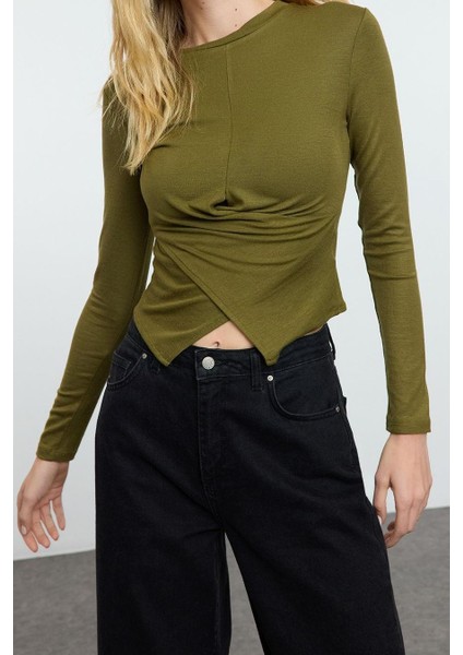 Stil Kadın Kruvaze Büzgü Drape Detaylı Vücuda Oturan Bluz Regular Örme Slim Kalıp Düşük Kol fiyatları