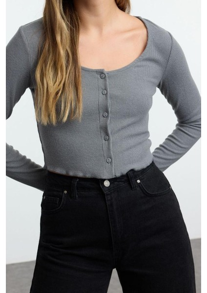 Stil Kadın Fitted Vücuda Oturan Havuz Yaka Esnek Bluz Crop Örme Slim Kalıp