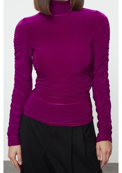 Stil Kadın Büzgü Drape Detaylı Vücuda Oturan Bluz Regular Örme Fitted Kalıp