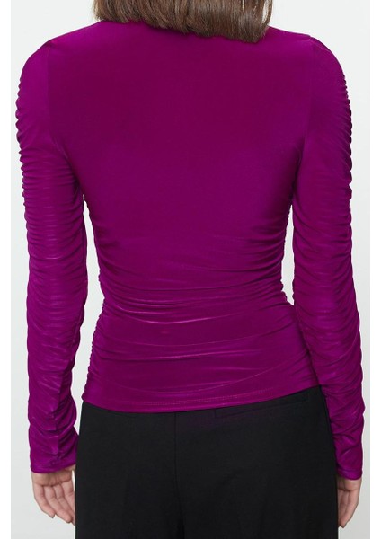 Stil Kadın Büzgü Drape Detaylı Vücuda Oturan Bluz Regular Örme Fitted Kalıp