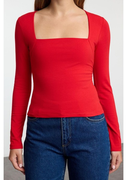 Kadın Moda Şık Üst Giyim Regular Kare Yaka Slim Kalıp Örme Büzgü Drape Detaylı Vücuda Oturan Bluz