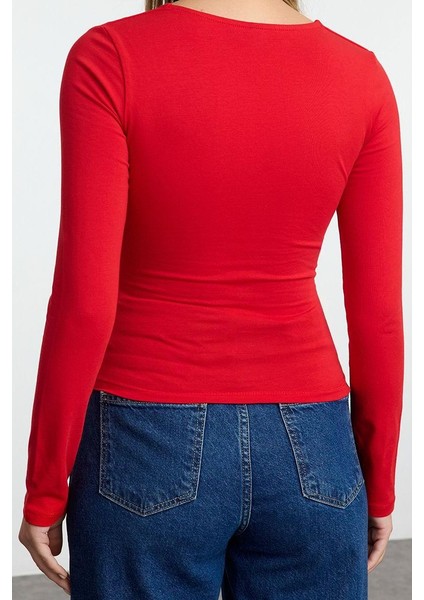 Kadın Moda Şık Üst Giyim Regular Kare Yaka Slim Kalıp Örme Büzgü Drape Detaylı Vücuda Oturan Bluz fırsatları