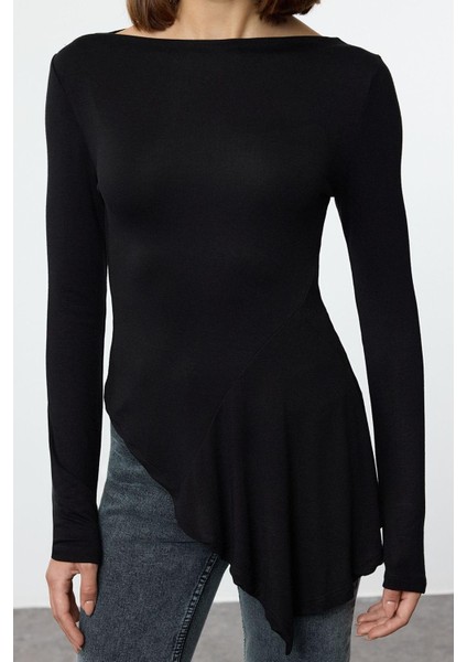 Kadın Moda Şık Regular Dik Yaka Slim Kalıp Örme Viskon Yumuşak Kumaşlı Asimetrik Esnek Bluz