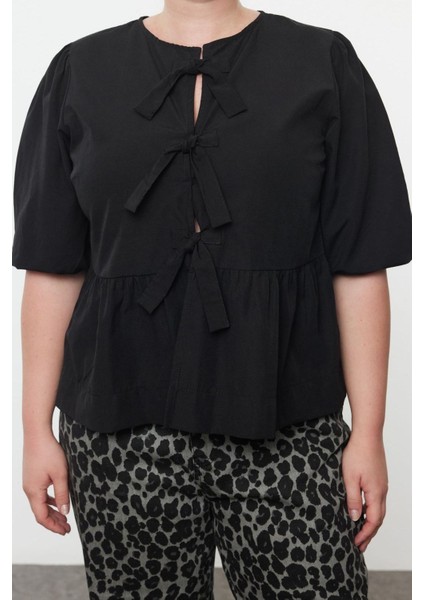 Stil Kadın Kadın Fiyonklu Bluz Uzun Dokuma Regular Kalıp Büyük Beden