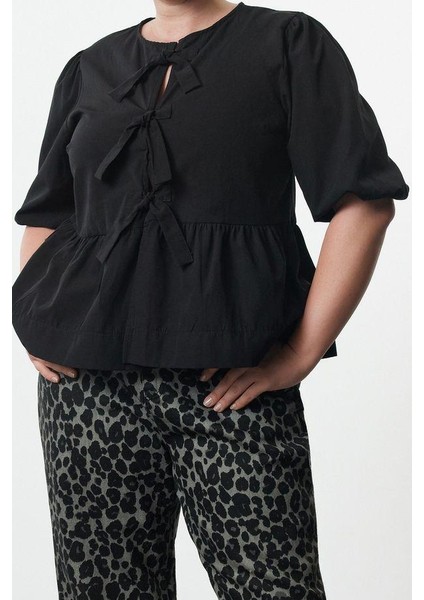 Stil Kadın Kadın Fiyonklu Bluz Uzun Dokuma Regular Kalıp Büyük Beden fırsatları