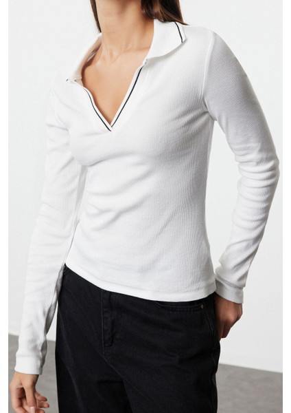 Stil Kadın Triko Yaka Detaylı Fitted Vücuda Oturan Fitilli Esnek Bluz Regular Örme Slim Kalıp