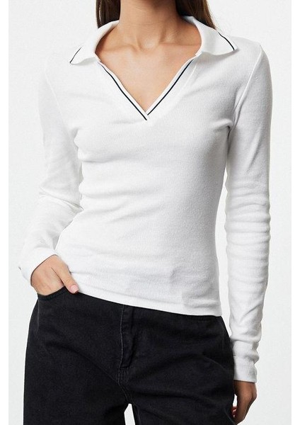 Stil Kadın Triko Yaka Detaylı Fitted Vücuda Oturan Fitilli Esnek Bluz Regular Örme Slim Kalıp fiyatları