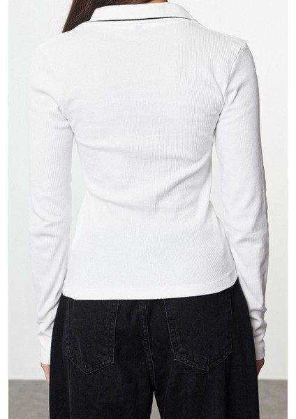 Stil Kadın Triko Yaka Detaylı Fitted Vücuda Oturan Fitilli Esnek Bluz Regular Örme Slim Kalıp indirimleri