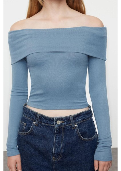Kadın Moda Şık Üst Giyim Crop Carmen Yaka Slim Kalıp Örme Kısa Esnek Bluz
