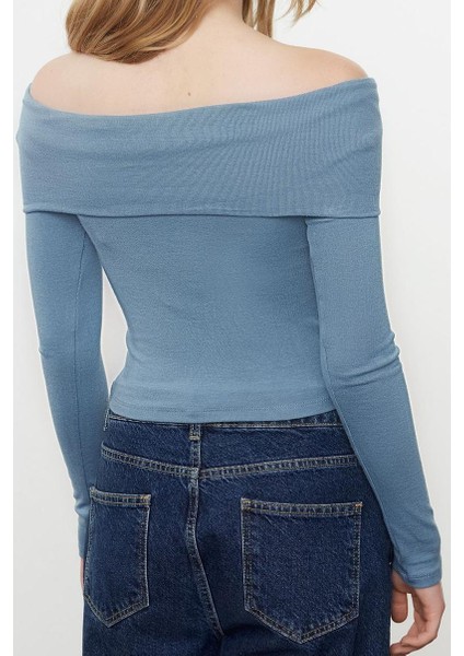 Kadın Moda Şık Üst Giyim Crop Carmen Yaka Slim Kalıp Örme Kısa Esnek Bluz fırsatları