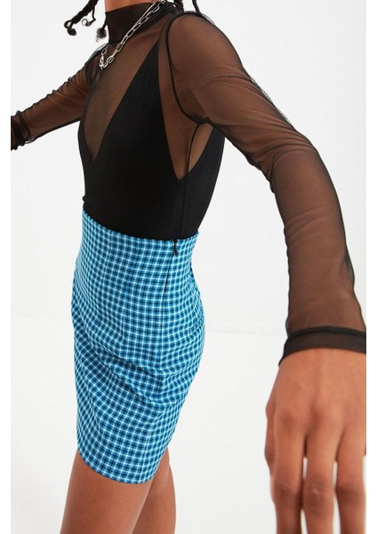 Stil Kadın Fitted Vücuda Oturan Tül Bluz Örme Slim Kalıp