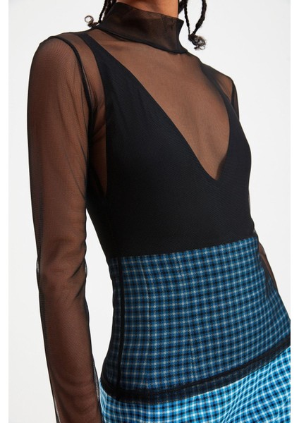 Stil Kadın Fitted Vücuda Oturan Tül Bluz Örme Slim Kalıp