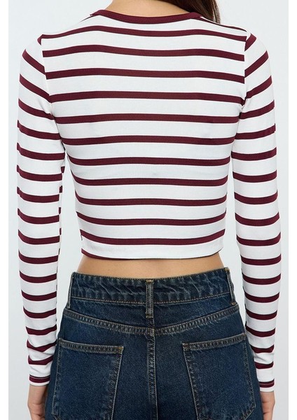 Kadın Moda Şık Crop Bisiklet Yaka Slim Kalıp Örme Çizgili Viskoz Yumuşak Kumaşlı Fitted Esnek Bluz indirimleri