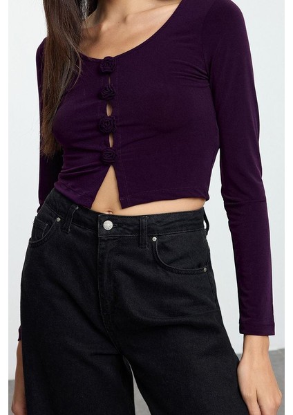 Kadın Moda Şık Regular Bisiklet Yaka Slim Kalıp Örme Fitted Vücuda Oturan Gül Detaylı Esnek Bluz