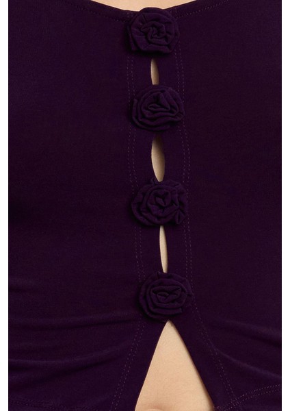 Kadın Moda Şık Regular Bisiklet Yaka Slim Kalıp Örme Fitted Vücuda Oturan Gül Detaylı Esnek Bluz