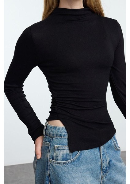 Kadın Moda Şık Üst Giyim Crop Dik Yaka Slim Kalıp Örme Fitted Büzgü Drape Detaylı Bluz fiyatları