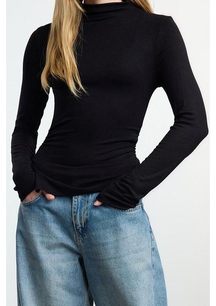Kadın Moda Şık Üst Giyim Crop Dik Yaka Slim Kalıp Örme Fitted Büzgü Drape Detaylı Bluz modelleri