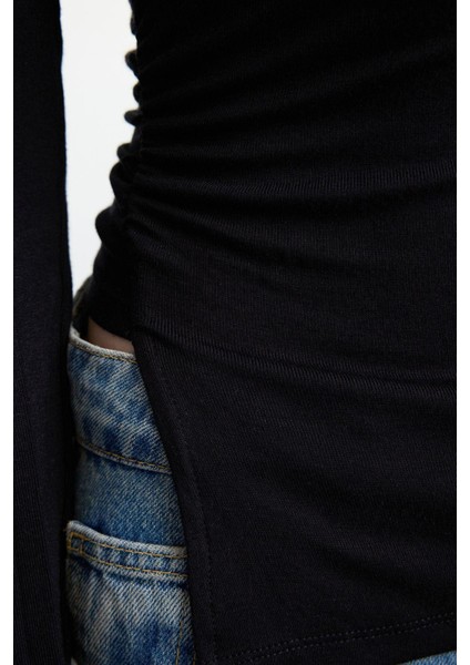 Kadın Moda Şık Üst Giyim Crop Dik Yaka Slim Kalıp Örme Fitted Büzgü Drape Detaylı Bluz fırsatları