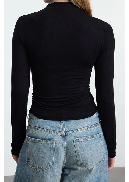 Kadın Moda Şık Üst Giyim Crop Dik Yaka Slim Kalıp Örme Fitted Büzgü Drape Detaylı Bluz indirimleri