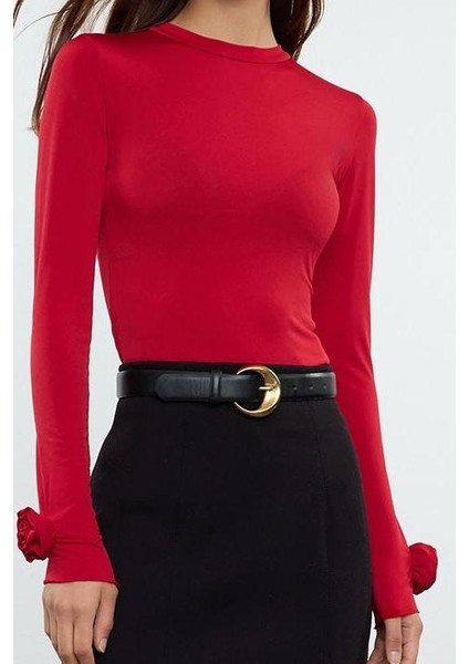 Kadın Moda Şık Regular Dik Yaka Slim Kalıp Örme Gül Detaylı Fitted Vucuda Oturan Kollu Esnek Bluz fiyatları