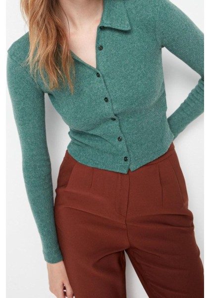 Stil Kadın Düğme Detaylı Vücuda Oturan Polo Yaka Fitilli Esnek Bluz Crop Örme Slim Kalıp